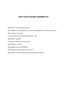 SWIC YOUTH COUNCIL MEMBER LIST  David Entzian – Siemans Energy Automation* Alishea Hawkins – State Program Director, Independent Living Specialist – Division of Child Services Patrick Jamison – Foster Parent Dr. 