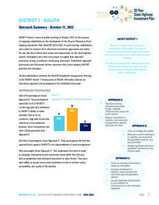 DISTRICT 1 - DULUTH Outreach Summary - October 11, 2012 MnDOT hosted a series of public meetings in October 2012 for the purpose of engaging stakeholders in the development of the 20-year Minnesota State Highway Investme