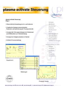 plasma activate Steuerung: PTaS-7 • Übersichtliche Darstellung der Ist- und Sollwerte • Graphische Anzeige prozessrelevanter Parameter und Speicherung der Prozessprotokolle • Anzeige aller Störungsmeldungen mit Z