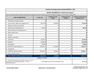 Iniciativa Tecnologica Centro Oriental (INTECO[removed]BUDGET INFORMATION - Construction Programs NOTE: Certain Federal assistance programs require additional computations to arrive at the Federal share of project costs 