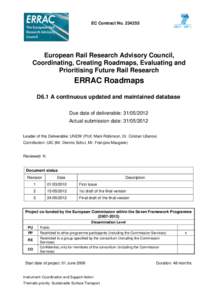 EC Contract No[removed]European Rail Research Advisory Council, Coordinating, Creating Roadmaps, Evaluating and Prioritising Future Rail Research