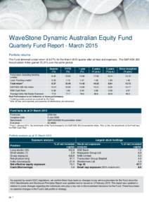 WaveStone Dynamic Australian Equity Fund Quarterly Fund Report - March 2015 Portfolio returns The Fund delivered a total return of 8.27% for the March 2015 quarter after all fees and expenses. The S&P/ASX 300 Accumulatio