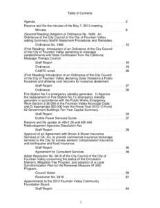 Table of Contents Agenda Receive and file the minutes of the May 7, 2013 meeting. Minutes (Second Reading) Adoption of Ordinance No. 1486: An Ordinance of the City Council of the City of Fountain Valley