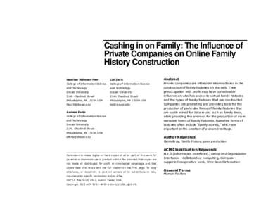 Cashing in on Family: The Influence of Private Companies on Online Family History Construction Heather Willever-Farr  Lisl Zach