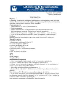Clave 1212 Facultad de Química,UNAM. Protocolo de la práctica TEMPERATURA Objetivos.