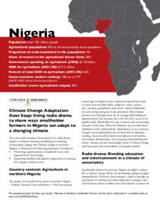 Nigeria Population: over 130 million people Agricultural population: 30% of the economically active population Proportion of undernourished in the population: 9% Share of women in the agricultural labour force: 38% Gover