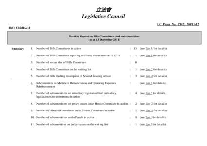 立法會 Legislative Council LC Paper No. CB[removed]Ref : CB2/R/2/11 Position Report on Bills Committees and subcommittees (as at 13 December 2011)