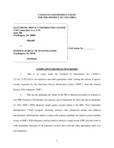 UNITED STATES DISTRICT COURT FOR THE DISTRICT OF COLUMBIA _________________________________________________ ) ELECTRONIC PRIVACY INFORMATION CENTER[removed]Connecticut Ave., N.W.