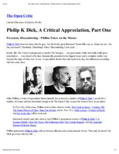 The Open Critic » Book Review » Philip K Dick, A Critical Appreciation, Part The Open C i ic Literate Discourse of Literary Works