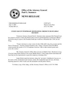 Office of the Attorney General Paul G. Summers NEWS RELEASE FOR IMMEDIATE RELEASE Sept. 9, 2005