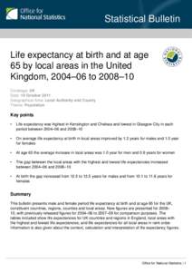 Statistical Bulletin  Life expectancy at birth and at age 65 by local areas in the United Kingdom, 2004–06 to 2008–10 Coverage: UK