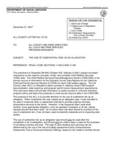 STATE OF CALIFORNIA - HEALTH AND HUMAN SERVICES AGENCY  ARNOLD SCHWARZENEGGER, Governor DEPARTMENT OF SOCIAL SERVICES 744 P Street, Sacramento, California 95814