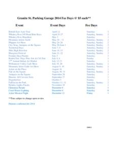Granite St. Parking Garage 2014 Fee Days @ $5 each** Event British Euro Auto Tour Whiskey Row Off Road Bike Race Whiskey Row Marathon Mountain Artists Guild