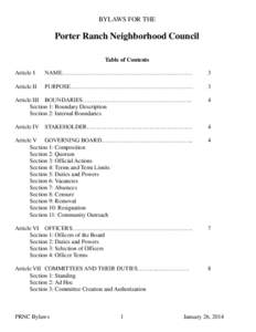 BYLAWS FOR THE  Porter Ranch Neighborhood Council Table of Contents Article I