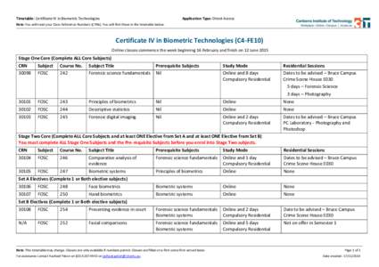 Timetable: Certificate IV in Biometric Technologies  Application Type: Direct Access Note: You will need your Class Reference Numbers (CRNs). You will find these in the timetable below.