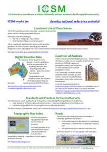 ICSM works to coordinate activities nationally and set standards for the spatial community   ICSM works to:   develop national reference material  Consistent Use of Place Names 