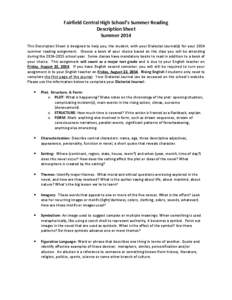 Fairfield Central High School’s Summer Reading Description Sheet Summer 2014 This Description Sheet is designed to help you, the student, with your Dialectal Journal(s) for your 2014 summer reading assignment. Choose a