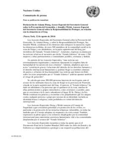 Naciones Unidas Comunicado de prensa Para su publicación inmediata Declaración de Adama Dieng, Asesor Especial del Secretario General sobre la Prevención del Genocidio, y Jennifer Welsh, Asesora Especial