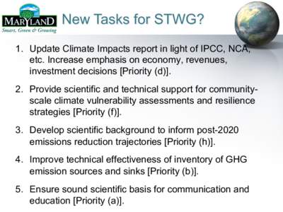 New Tasks for STWG? 1.  Update Climate Impacts report in light of IPCC, NCA, etc. Increase emphasis on economy, revenues, investment decisions [Priority (d)]. 2.  Provide scientific and technical support for communit
