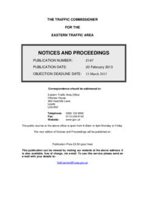 THE TRAFFIC COMMISSIONER FOR THE EASTERN TRAFFIC AREA NOTICES AND PROCEEDINGS PUBLICATION NUMBER: