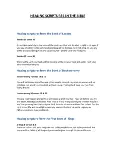 HEALING SCRIPTURES IN THE BIBLE  Healing scriptures from the Book of Exodus Exodus 15 verse 26 If you listen carefully to the voice of the Lord your God and do what is right in his eyes, if you pay attention to his comma