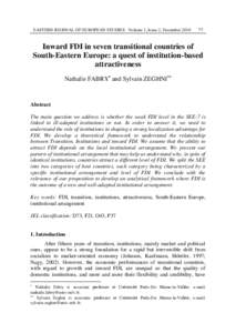 EASTERN JOURNAL OF EUROPEAN STUDIES Volume 1, Issue 2, DecemberInward FDI in seven transitional countries of South-Eastern Europe: a quest of institution-based