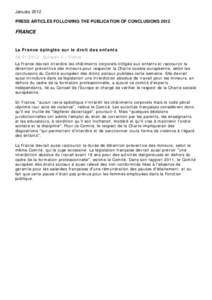 January 2012 PRESS ARTICLES FOLLOWING THE PUBLICATION OF CONCLUSIONS 2012 FRANCE  La France épinglée sur le droit des enfants