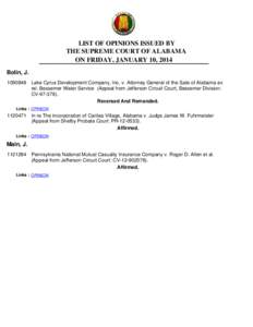 LIST OF OPINIONS ISSUED BY THE SUPREME COURT OF ALABAMA ON FRIDAY, JANUARY 10, 2014 Bolin, J[removed]Lake Cyrus Development Company, Inc. v. Attorney General of the Sate of Alabama ex rel. Bessemer Water Service (Appeal