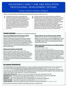 O K L A H O MA’S E A R LY C A R E A N D E D U C AT I O N P R O F E S S I O N A L D E V E LO PM E N T O P T I O N S Training, Certificates, Credentials, and Degrees Below is a sample of professional development opportun