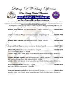 Listing Of Wedding Officiants Kern County Bridal Association 531 H Street Bakersfield, Ca[removed]9200 ~ [removed]KernCountyBridalAssociation.com