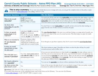 Carroll County Public Schools – Aetna PPO Plan (HD) Summary of Benefits and Coverage: What this Plan Covers & What it Costs Coverage Period: [removed] – [removed]Coverage for: IND/PC/HW/FAM | Plan Type: PPO