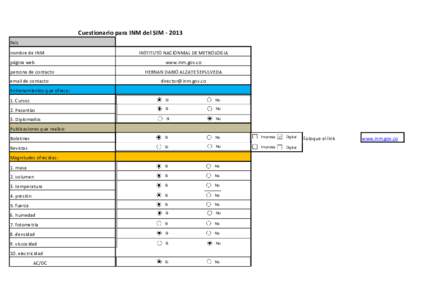 Cuestionario para INM del SIM ‐ 2013 País nombre de INM página web persona de contacto email de contacto