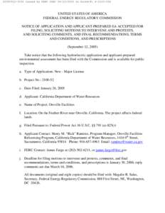 [removed]Issued by FERC OSEC[removed]in Docket#: P[removed]UNITED STATES OF AMERICA FEDERAL ENERGY REGULATORY COMMISSION NOTICE OF APPLICATION AND APPLICANT-PREPARED EA ACCEPTED FOR FILING, SOLICITING MOTIONS T