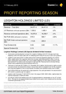 11 February[removed]PROFIT REPORTING SEASON LEIGHTON HOLDINGS LIMITED (LEI) RESULTS Revenue – Total ($m)
