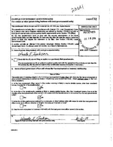 FORMCIQ  CONFLICT OF INTEREST QUESTIONNAIRE For vendor or other person doing business with Iotal goverDDlentaJ entity ThIs queatlonnelre reIIects changes made to the laW by RS. 1491,1Ith lAg., ReguIw Sen/on.