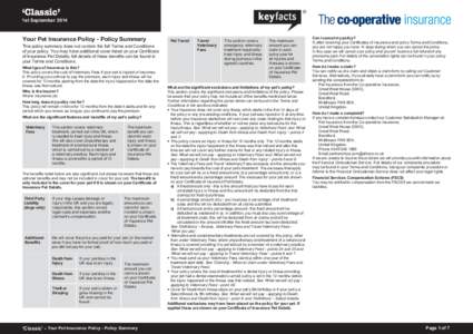 ‘Classic’  1st September 2014 Your Pet Insurance Policy - Policy Summary This policy summary does not contain the full Terms and Conditions