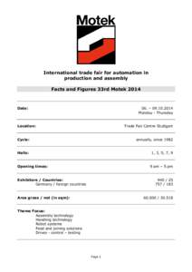 International trade fair for automation in production and assembly Facts and Figures 33rd Motek 2014 Date: