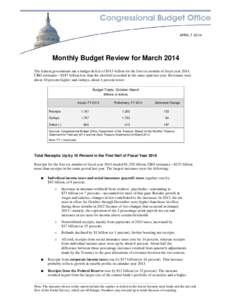 APRIL 7, 2014  Monthly Budget Review for March 2014 The federal government ran a budget deficit of $413 billion for the first six months of fiscal year 2014, CBO estimates—$187 billion less than the shortfall recorded 