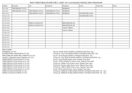 SINIF ÖĞRETMENLIĞI BÖLÜMÜ 4. SINIFBAHAR YARIYILI DERS PROGRAMI Saatler Pazartesi  8:15-9:00