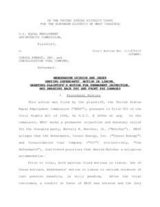 IN THE UNITED STATES DISTRICT COURT FOR THE NORTHERN DISTRICT OF WEST VIRGINIA U.S. EQUAL EMPLOYMENT OPPORTUNITY COMMISSION, Plaintiff, v.