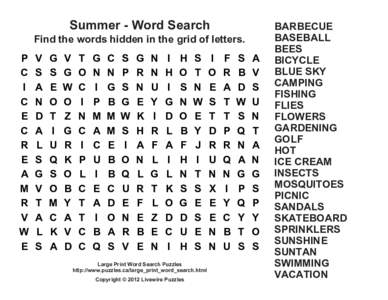 Summer - Word Search Find the words hidden in the grid of letters. P C I