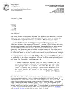 State of Michigan John Engler, Governor Department of Consumer & Industry Services Kathleen M. Wilbur, Director  Office of Financial and Insurance Services
