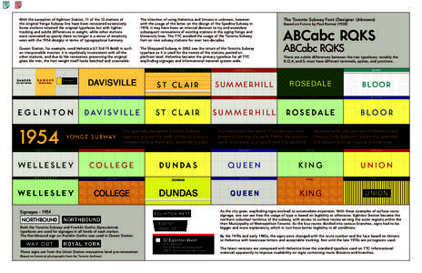 The Toronto Subway Font (Designer Unknown)  With the exception of Eglinton Station, 11 of the 12 stations of the original Yonge Subway line have been renovated extensively. Some stations retained the original typefaces b