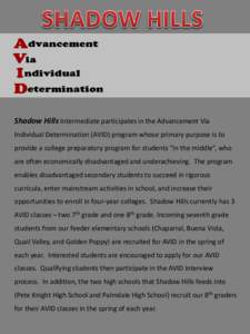 Shadow Hills Intermediate participates in the Advancement Via Individual Determination (AVID) program whose primary purpose is to provide a college preparatory program for students “in the middle”, who are often econ