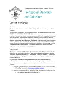 College of Physicians and Surgeons of British Columbia  Professional Standards and Guidelines Conflict of Interest Preamble