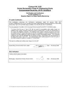 Contract HK[removed]Central Reclamation Phase III– Engineering Works Environmental Permit No.: EP[removed]A Certification and Verification for EP Condition 3.3 – Baseline Report for Water Quality Monitoring