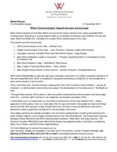 Media Release For immediate release 21 November[removed]Wine Communicator Award winners announced