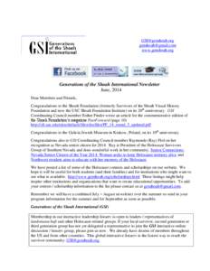 [removed] [removed] www.genshoah.org Generations of the Shoah International Newsletter June, 2014