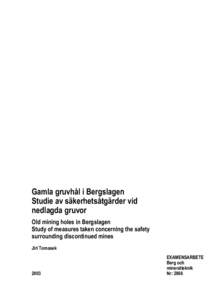 Gamla gruvhål i Bergslagen Studie av säkerhetsåtgärder vid nedlagda gruvor Old mining holes in Bergslagen Study of measures taken concerning the safety surrounding discontinued mines