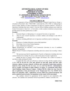 ANTHROPOLOGICAL SURVEY OF INDIA MINISTRY OF CULTURE DEPARTMENT OF CULTURE GOVERNMENT OF INDIA 27, JAWAHARLAL NEHRU ROAD, KOLKATA[removed]Dial: [removed][removed]Tele Fax[removed]